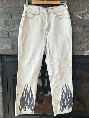 BDG White Denim Mom Jeans with Flame Appliqués